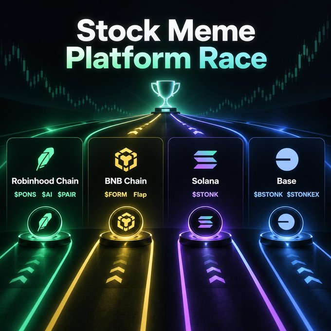 The image shows a "Stock Meme Platform Race" graphic with a glowing trophy at the top of four neon-lit tracks, each representing a blockchain platform competing in the stock meme space: Robinhood Chain ($PONS, $AI, $PAIR), BNB Chain ($FORM, Flap), Solana ($STONK), and Base ($BSTONK, $STONKEX). It visually illustrates the post's thesis by framing these meme tokens as competitors racing toward a winner's trophy, highlighting which platforms and tickers the author is tracking most closely.