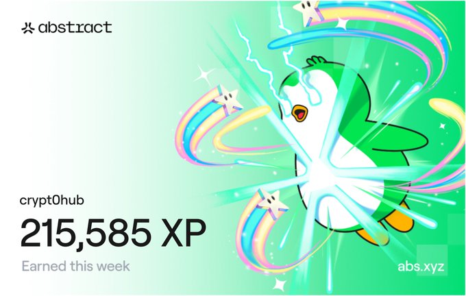Abstract crypto platform promotional graphic featuring a penguin mascot and the text 'crypt0hub 215,585 XP Earned this week'.