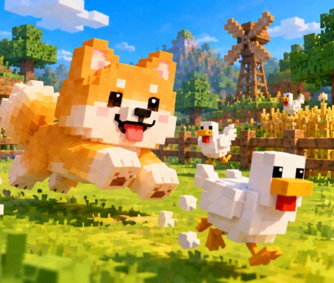 A pixelated Shiba Inu dog happily chases a blocky white duck in a vibrant Minecraft-style farm scene with chickens and a windmill in the background.