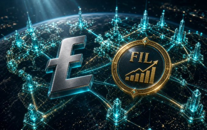 A digital artwork shows silver Litecoin (LTC) and gold Filecoin (FIL) coins with upward trending graphs, set against a futuristic cityscape backdrop.