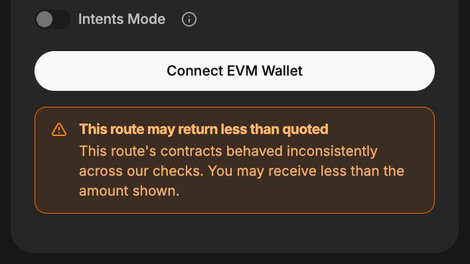 A digital interface displays an 'Intents Mode' toggle and a 'Connect EVM Wallet' button, with a warning message that 'This route may return less than quoted'.