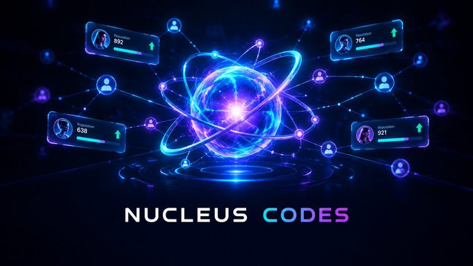 A futuristic digital graphic with a glowing blue atom-like sphere surrounded by connected user profile icons and reputation scores, branded with the text "NUCLEUS CODES."