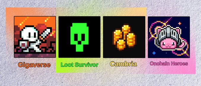 Four pixel-art video game icons displayed in a row against a gradient background: Gligaverse shows a knight character, Loot Survivor displays a green skull, Cambria features a stack of gold coins, and Onchain Heroes depicts an astronaut cat in space.