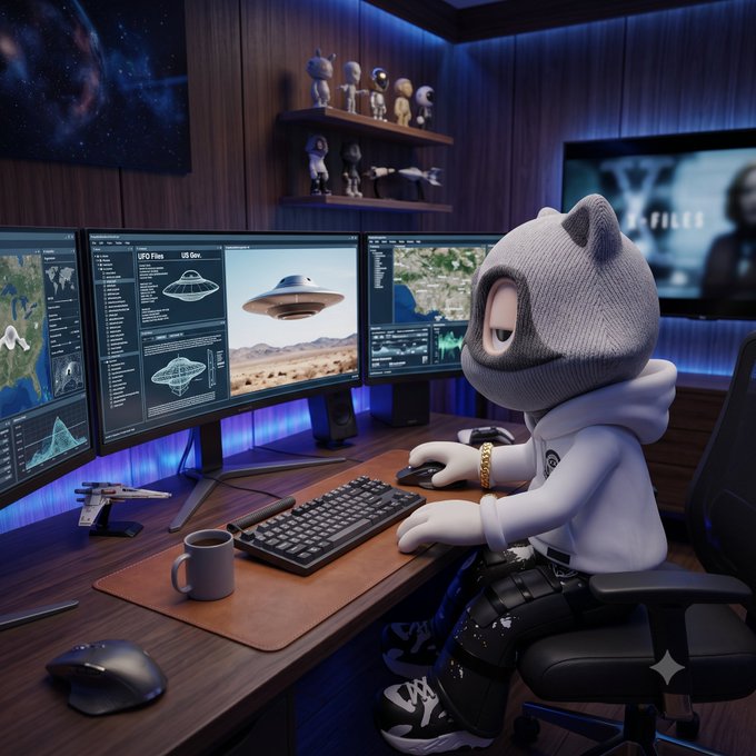 A figure wearing a gray knit cat-eared hood and a white hoodie sits at a wooden desk in a blue-lit room, operating a multi-monitor setup displaying maps and UFO files, with shelves of figurines and an X-Files poster in the background.