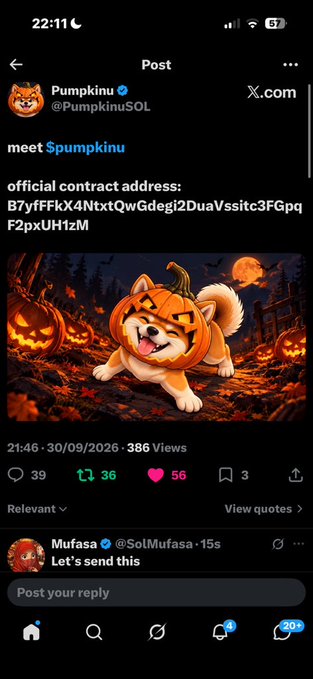 A mobile screenshot of an X.com post from 'Pumpkinu' (@PumpkinuSOL) shows an 'official contract address' and an image of a Shiba Inu dog in a pumpkin costume, dated 30/09/2026.