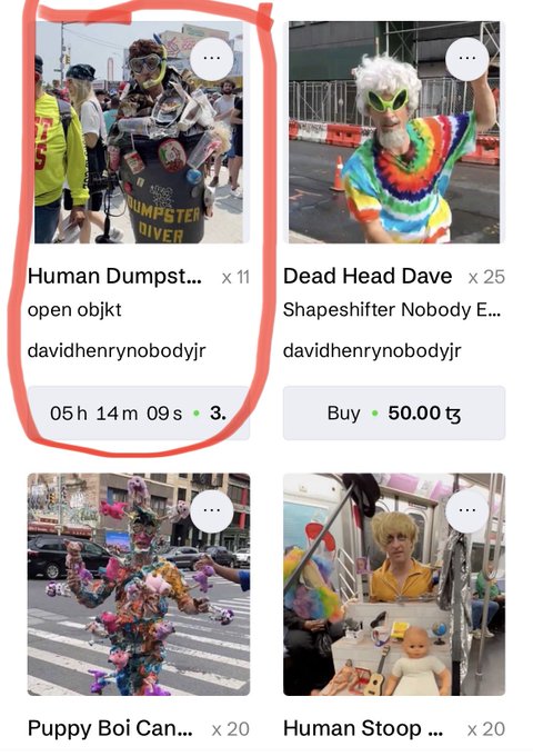 A marketplace listing showing four photos of people in eccentric costumes, with the top-left 'Human Dumpster Diver' entry circled in red, featuring prices like 50.00 tez.