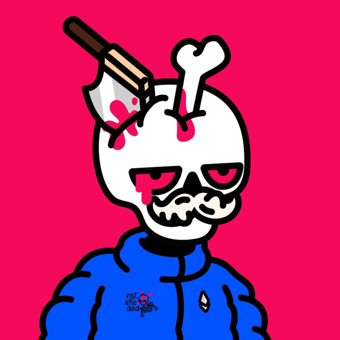 A cartoon illustration of a skeleton character with a mustache, wearing a blue jacket, with a knife and bone sticking out of its skull against a bright pink background.