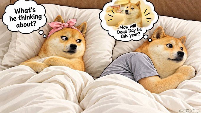 A 'Doge Day' meme showing two Shiba Inu dogs in bed with thought bubbles reading 'What's he thinking about?' and 'How will Doge Day be this year?' with 'own the doge' watermark.