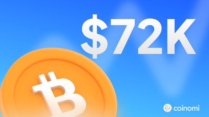 A Bitcoin promotional graphic shows a gold coin with the Bitcoin logo and text reading '$72K' on a blue background, with the Coinomi logo in the bottom right corner.