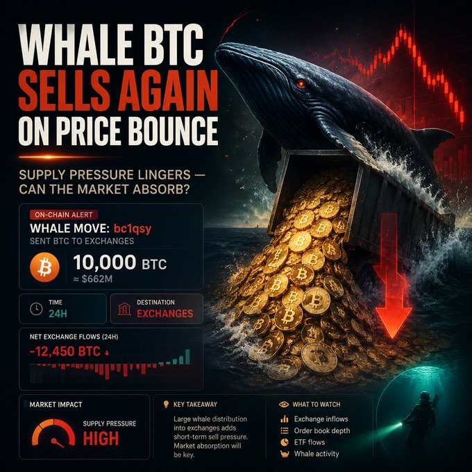 A crypto market infographic titled 'WHALE BTC SELLS AGAIN ON PRICE BOUNCE' featuring a whale dumping Bitcoin coins, with on-chain alert showing 10,000 BTC ($662M) sent to exchanges by address bc1qsy, noting high supply pressure and net exchange flows of -12,450 BTC.