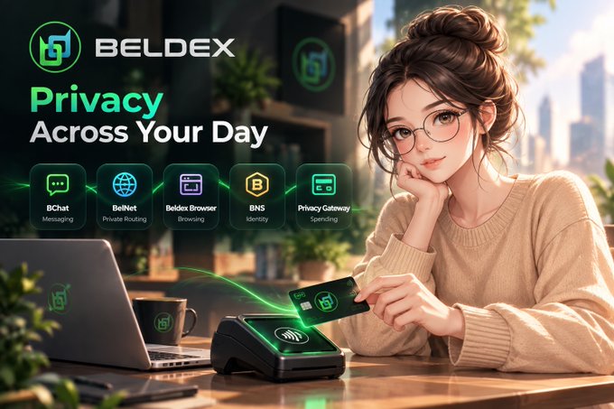 A digital illustration for 'BELDEX' titled 'Privacy Across Your Day' shows a woman using a contactless payment terminal, alongside icons for BChat, BelNet, Beldex Browser, BNS Identity, and Privacy Gateway.