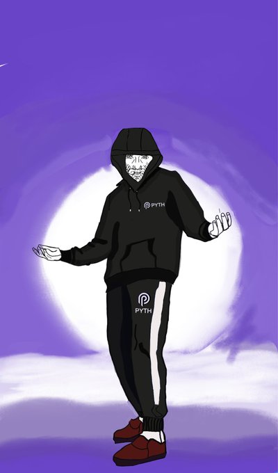 An illustration of a figure wearing a black hoodie and sweatpants branded 'PYTH' logo, with a pale mask-like face, standing against a purple sky with a glowing white moon.
