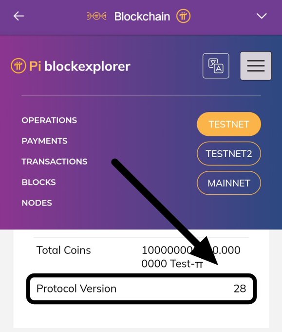 A screenshot of the 'Pi blockexplorer' app showing options for TESTNET, TESTNET2, and MAINNET, with an arrow pointing to the 'Protocol Version' field displaying '28'.