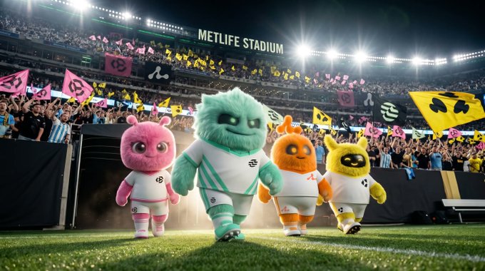 Four colorful mascot characters in athletic gear stride across the MetLife Stadium field, flanked by cheering fans waving yellow and pink flags, visualizing the "full squad" rallying behind a united front.

The image aligns with the post's message by depicting a complete team of distinct mascots charging forward together—symbolizing a full lineup ready to compete, mirroring the "full stack" concept for markets and machines.