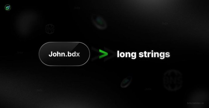 A dark-themed graphic with the text 'John.bdx' inside a rounded black box, followed by a green greater-than symbol '>' and the text 'long strings' against a background featuring faint logos.