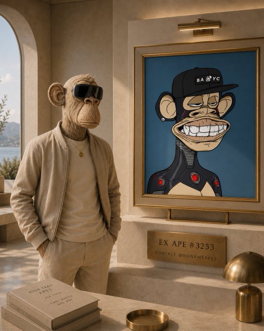 A Bored Ape-style figure wearing sunglasses and a beige outfit stands beside a framed NFT portrait of a grinning ape wearing a 'BAYC' cap, with a plaque reading 'EX APE #3253 CONTACT @NONAMEAPES'.