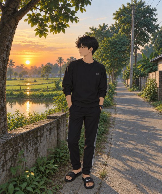 An anime-style illustration of a young man with black hair wearing a black sweatshirt, black track pants, and black Nike slides. He is standing on a road beside a stone wall with a sunset over rice paddies and palm trees in the background.