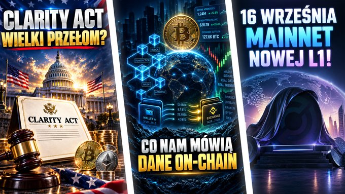 A thumbnail-style graphic featuring three panels with cryptocurrency and legislative themes, including text 'CLARITY ACT WIELKI PRZEŁOM?', 'CO NAM MÓWIĄ DANE ON-CHAIN', and '16 WRZEŚNIA MAINNET NOWEJ L1!'.