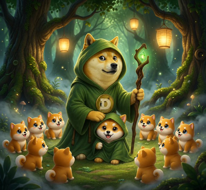 A wise Shiba Inu sage in a green cloak, branded with a "D" emblem, stands protectively over a small puppy while holding a glowing staff, surrounded by a circle of adorable Shiba pups in a magical forest illuminated by lanterns. The image ties directly to the post, portraying the $DOGE community as a nurturing family with $BABYDOGE as the newest, smallest member learning from the elder.