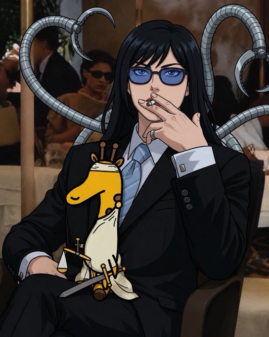 An anime-style illustration of a dark-haired woman in a black suit and blue sunglasses, with metallic tentacle-like appendages emerging from behind her, holding a small crowned giraffe-like character in a sword-fight pose.