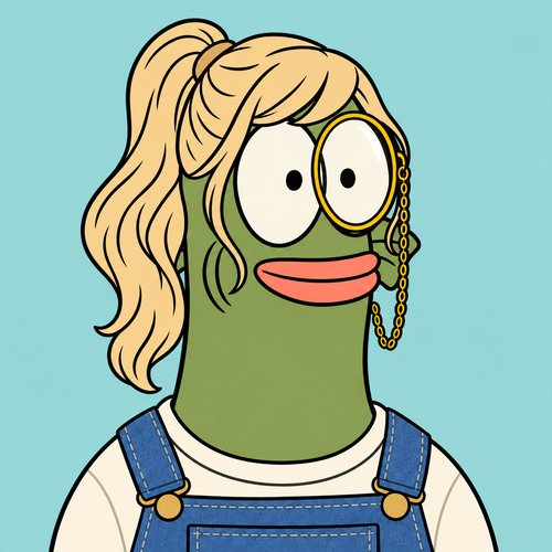 A stylized cartoon character featuring blonde ponytail hair, large round glasses on a green complexion, with a monocle on a gold chain, wearing denim overalls.