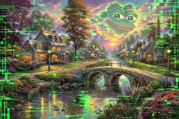 A fantasy village landscape featuring a stone bridge over a pond, with a smiling face made of clouds and lightning in the sky, overlaid with a green digital glitch pattern.