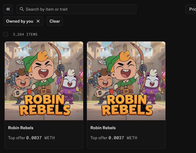 A digital marketplace interface showing two identical NFT listings for 'Robin Rebels,' both with a top offer of 0.0037 WETH, filtered under 'Owned by you' out of 3,264 items.