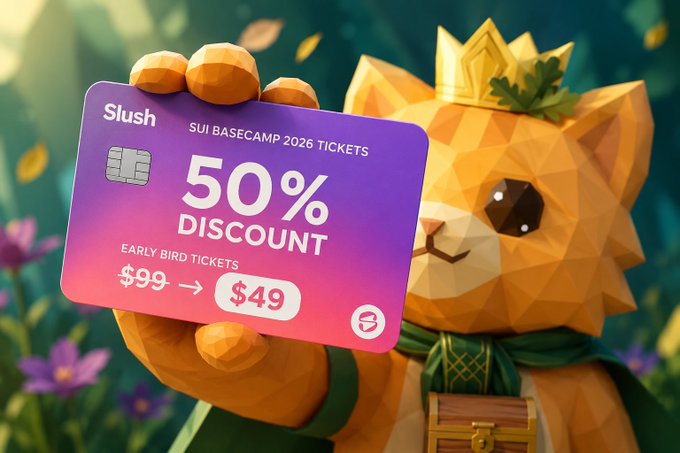 A geometric fox character wearing a crown and green sash holds up a Sui Basecamp 2026 ticket card advertising a 50% discount, with early bird pricing dropping from $99 to $49. The image visually reinforces the post's suggestion that SlushWallet could launch a 50% cash back campaign on Basecamp tickets.