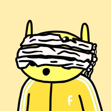 A cartoon character with a yellow hooded outfit and long ears has their eyes wrapped in bandages, humorously illustrating the post "I have to admit I love NFTs" by suggesting willful blindness to NFT criticism. The letter "F" appears on the character's chest, possibly as a subtle visual pun or branding element.