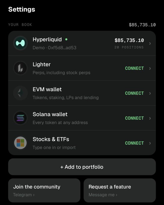 A mobile app "Settings" dashboard titled "YOUR BOOK" with a portfolio value of $85,735.10, showing a connected Hyperliquid demo account with 20 positions and unconnected options for Lighter, EVM wallet, Solana wallet, and Stocks & ETFs, along with options to "Add to portfolio," "Join the community" (Telegram), and "Request a feature." This illustrates the unified NAV dashboard that aggregates HL positions, Lighter perps, EVM/Solana wallets, and stocks & ETFs into one view.