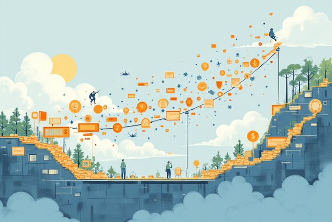 A flat-style illustration showing two figures walking on a tightrope over a gap filled with floating cryptocurrency coins and digital icons, connecting two cliffs.