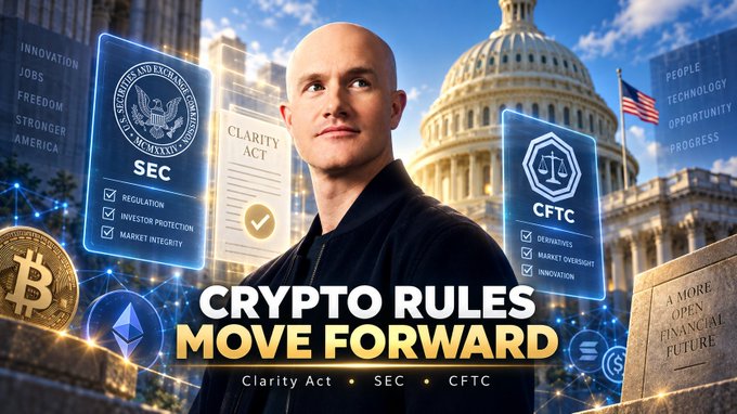 Promotional graphic titled "CRYPTO RULES MOVE FORWARD" featuring a man in a black jacket in front of the U.S. Capitol, flanked by SEC and CFTC panels listing "Regulation," "Investor Protection," "Market Integrity," and "Derivatives," with a "Clarity Act" document and Bitcoin and Ethereum coins.