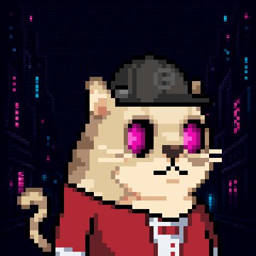 Pixel art of an anthropomorphic cat character wearing a backwards cap and red jacket with glowing pink eyes, set against a dark cyberpunk cityscape background.