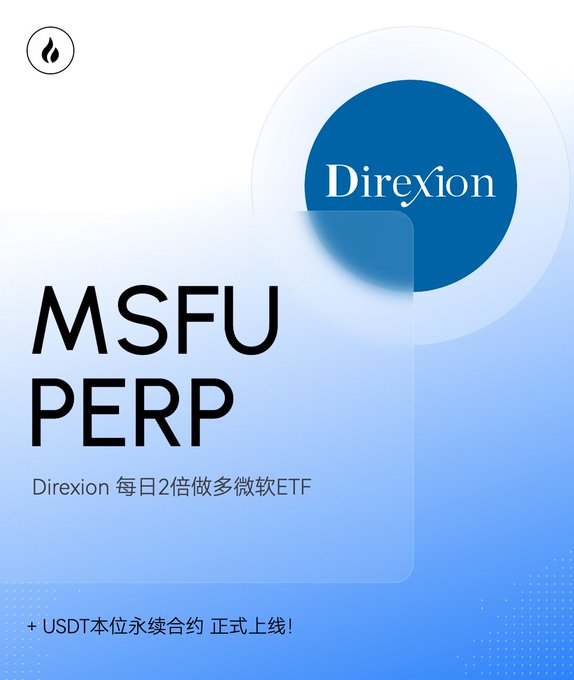 A promotional graphic with a blue color scheme displays 'Direxion MSFU PERP' and 'Direxion 每日2倍做多微软ETF' along with '+ USDT本位永续合约 正式上线!'.