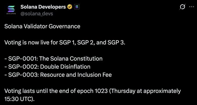 A Solana Developers tweet announces that validator governance voting is live for three Solana Governance Proposals—SGP-0001 (The Solana Constitution), SGP-0002 (Double Disinflation), and SGP-0003 (Resource and Inclusion Fee)—with voting open through the end of epoch 1023 (Thursday at ~15:30 UTC), supporting the post's highlight of these three votes potentially reshaping the Solana ($SOL) network.