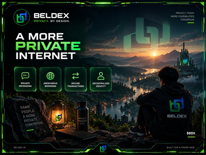 Promotional graphic for 'BELDEX' cryptocurrency advertising 'A MORE PRIVATE INTERNET' with features like private messaging and anonymous browsing, set against a fantasy landscape.