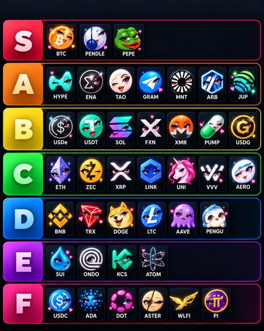 A tier list ranks coins like BTC, PEPE, HYPE, ENA, SOL, ETH, DOGE, and many others across S, A, B, C, D, E, and F tiers.