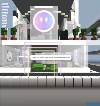A screenshot from a Roblox game showing a large house interior with a green car parked on the lower level, featuring an on-screen prompt that reads 'Click to look around. Arrow keys to walk. Press space to jump.'