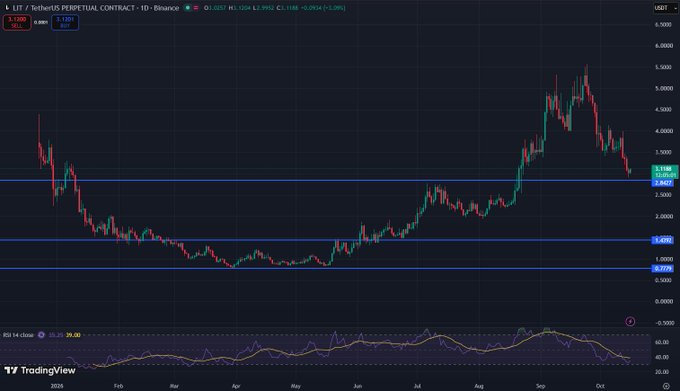 A TradingView daily candlestick chart of LIT/USDT Perpetual Contract on Binance shows the price recently declining from a September peak near $5.30 toward key horizontal support levels around $3.77 and $2.87, with the RSI 14 at the bottom sitting near oversold territory at 39.00—supporting the poster's call for "Lighter whales" to step in and bid the price higher so they can exit into strength and rotate back into HYPE.