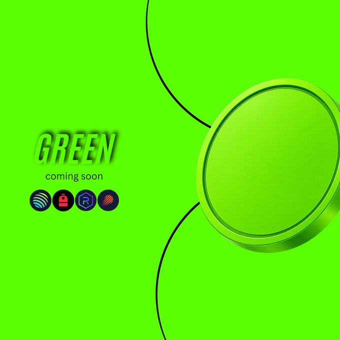 A bright green promotional graphic with the text 'GREEN coming soon,' displaying four colorful icons and a green circular emblem on the right side.