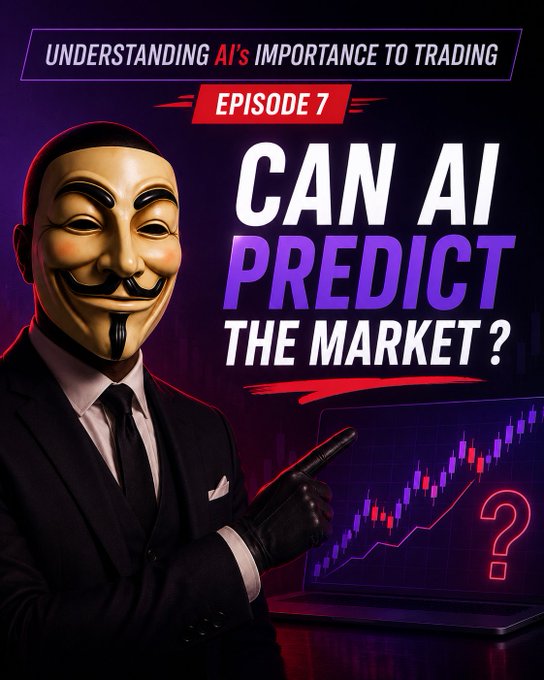 A Guy Fawkes-masked figure in a suit points toward a laptop screen showing an upward stock chart with a question mark, alongside text reading "UNDERSTANDING AI's IMPORTANCE TO TRADING — EPISODE 7: CAN AI PREDICT THE MARKET?"