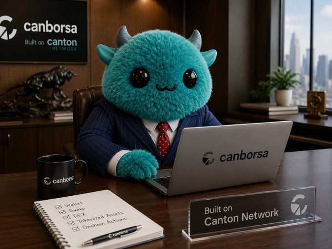 The image features a toy blue monster with horns sitting at a desk using a laptop computer. The monster has a name tag that reads "Canborsa". In front of the monster, there are two books and a pen. A coffee cup is also present on the desk. The scene suggests that the monster might be an advertisement for CanORSA or tokenized assets in general, as it appears to be promoting a product or service related to trading tokenized assets.