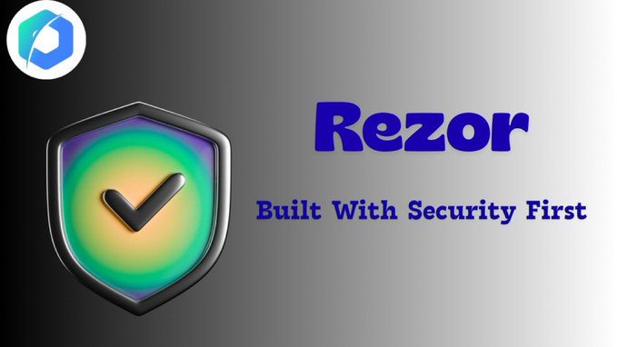 A graphic for 'Rezor - Built With Security First' featuring a shield with a checkmark logo in iridescent colors against a gray background.