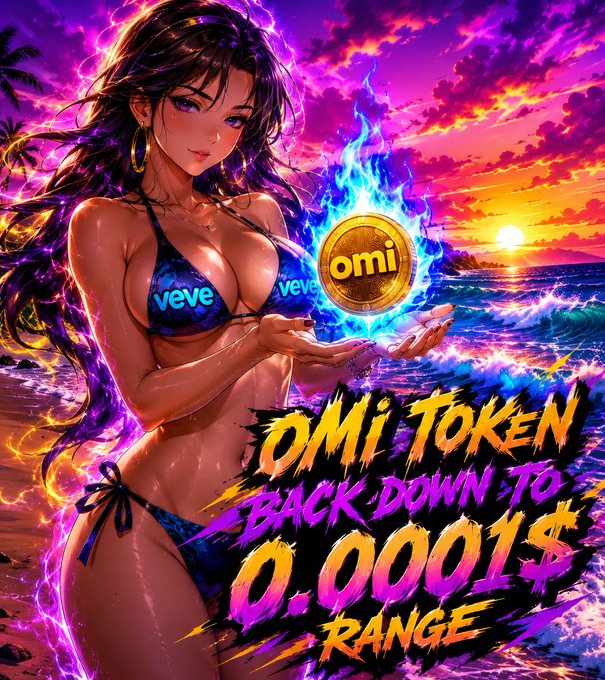 A stylized anime-style woman in a "veve" bikini holds a glowing gold "omi" coin amid a vibrant sunset beach scene, with bold text reading "OMI TOKEN BACK DOWN TO 0.0001$ RANGE," visually reinforcing the post's bearish prediction despite acknowledging recent buying pressure that pushed $OMI past $0.0002.