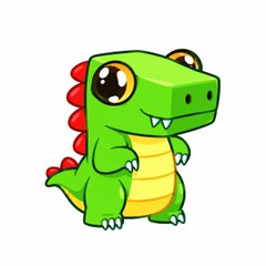 A cute cartoon green dinosaur character with red spikes and large eyes.