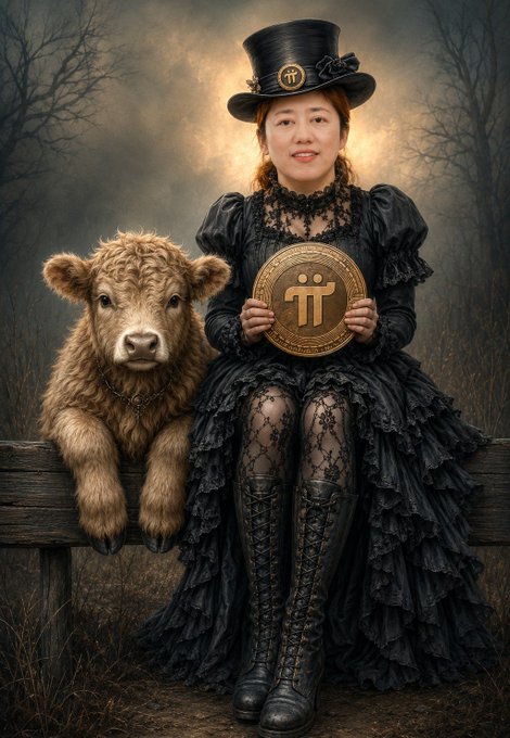 A woman in an elaborate black Victorian-style dress and top hat sits beside a calf on a wooden fence, holding a gold coin featuring the "π" Pi Network symbol, which directly mirrors the post's theme of "Pioneers Never Give Up #PiNetwork" by visually embodying perseverance and the Pi cryptocurrency brand.