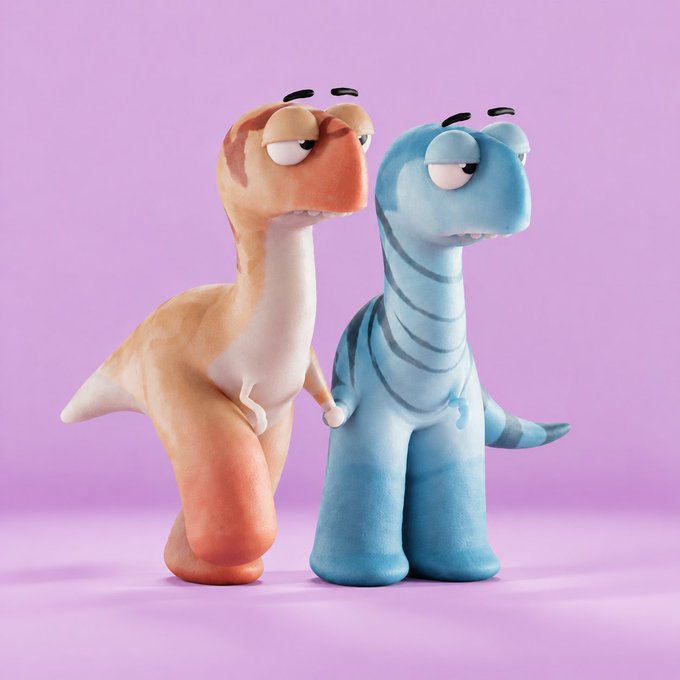 Two stylized 3D cartoon dinosaur figures, one orange and one blue with stripes, standing together against a light purple background with unimpressed expressions.