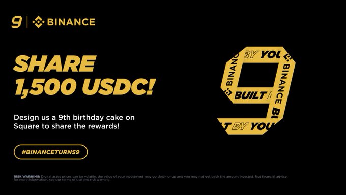A promotional graphic from Binance celebrating their 9th anniversary, featuring a large golden "9" designed to resemble a birthday cake with "BINANCE BUILT BY YOU" text wrapping around it. The image invites users to design a 9th birthday cake on Binance Square for a chance to win a share of 1,500 USDC, using the hashtag #BINANCETURNS9.