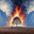 A small landscape image depicting a silhouetted figure standing before a massive, fiery tree-shaped explosion in a misty field.