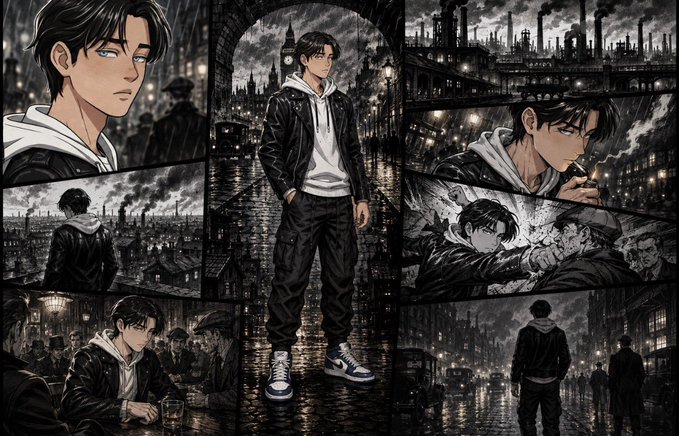 A manga-style collage depicts a dark-haired male character in a black jacket, white hoodie, and Jordan sneakers standing in moody, rain-soaked urban scenes featuring Victorian architecture and industrial skylines. The gritty aesthetic and determined stance visually reinforce the post's message of resilience and survival through a bear market downturn.